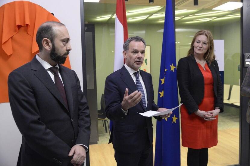Minister Caspar Veldkamp gives a speech at the opening of the embassy of the Netherland in Yerevan, Armenia.